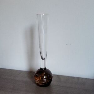 Mid Century Hand Blown Art Glass Amber  Controlled Bubble Bud Vase